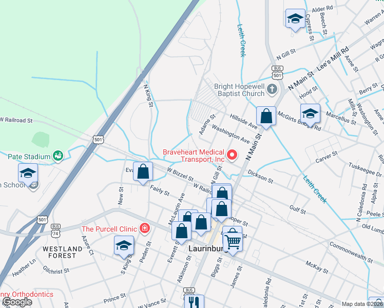 map of restaurants, bars, coffee shops, grocery stores, and more near 315 Cleveland Street in Laurinburg