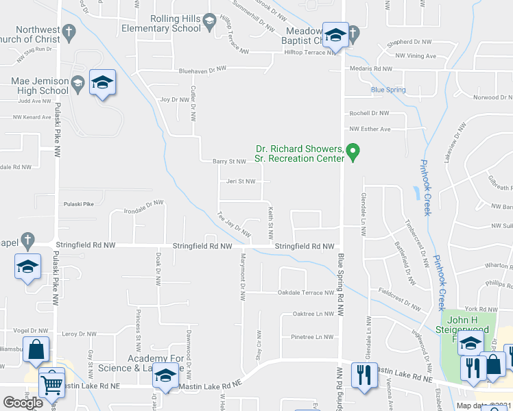 map of restaurants, bars, coffee shops, grocery stores, and more near 4221 Keith Street Northwest in Huntsville