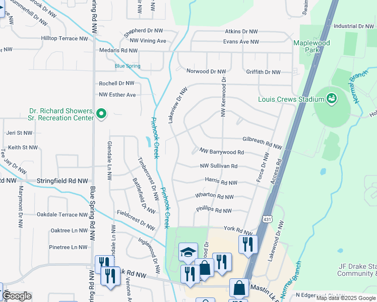 map of restaurants, bars, coffee shops, grocery stores, and more near 2219 Barrywood Circle Northwest in Huntsville