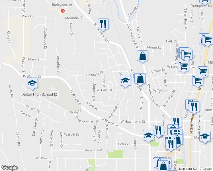 map of restaurants, bars, coffee shops, grocery stores, and more near 708 Lance Street in Dalton