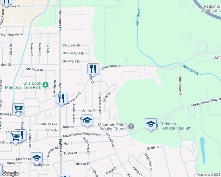 map of restaurants, bars, coffee shops, grocery stores, and more near 1500 Shady Lane in Dalton