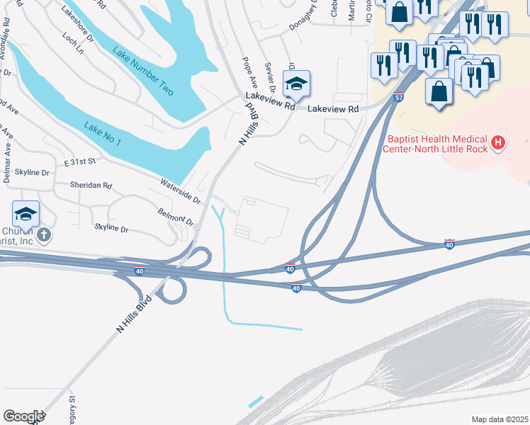 map of restaurants, bars, coffee shops, grocery stores, and more near 3000 North Hills Boulevard in North Little Rock