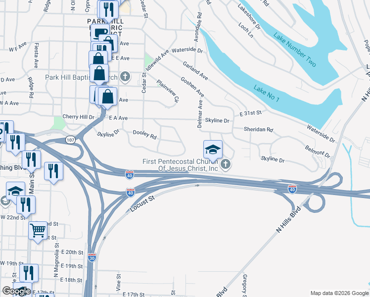 map of restaurants, bars, coffee shops, grocery stores, and more near Skyline Drive in North Little Rock