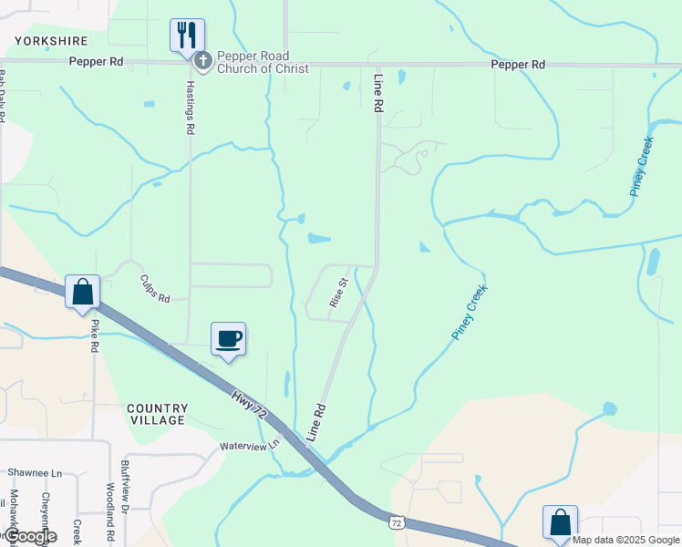 map of restaurants, bars, coffee shops, grocery stores, and more near 15443 Rise Street in Athens