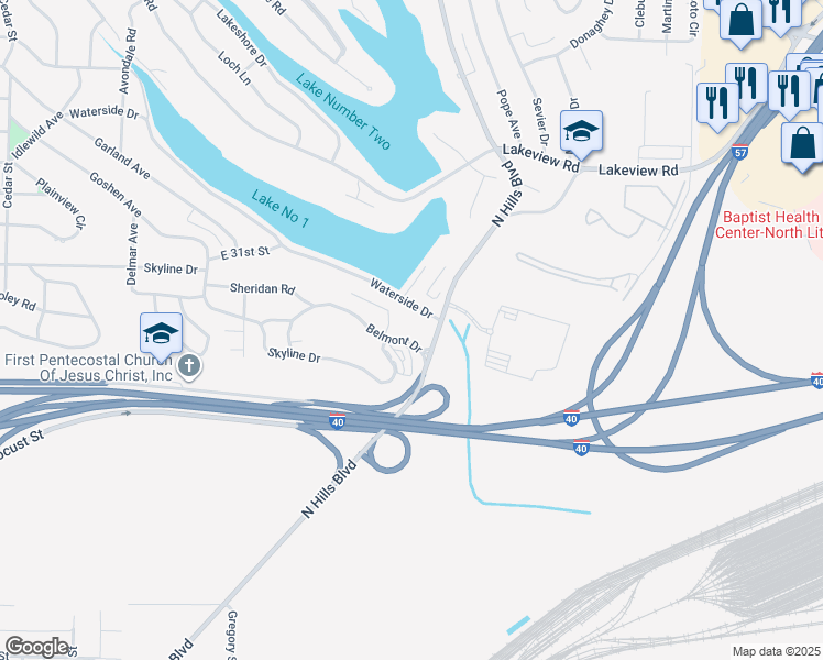 map of restaurants, bars, coffee shops, grocery stores, and more near 1701 Skyline Drive in North Little Rock