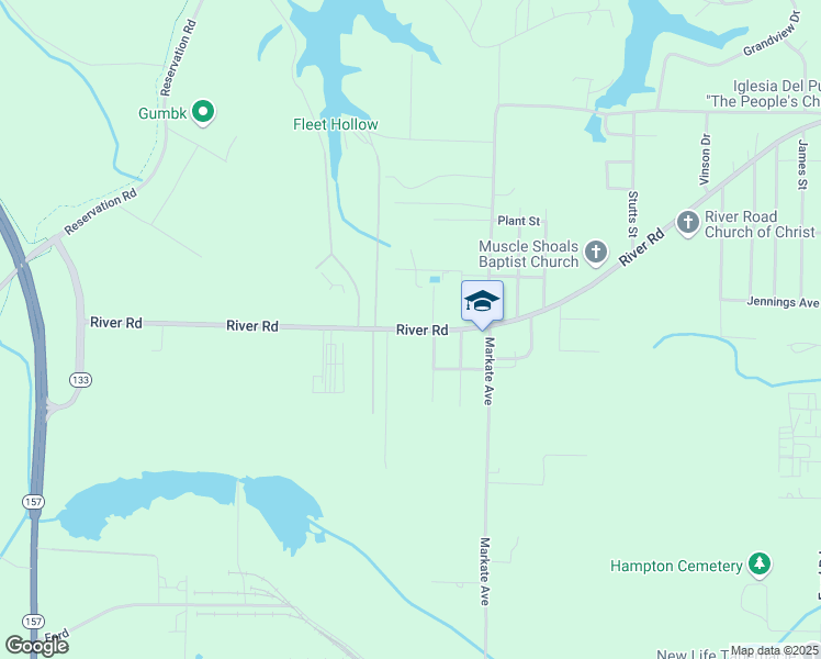 map of restaurants, bars, coffee shops, grocery stores, and more near River Road in Muscle Shoals