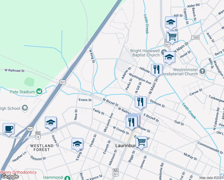 map of restaurants, bars, coffee shops, grocery stores, and more near 409 Cleveland Street in Laurinburg
