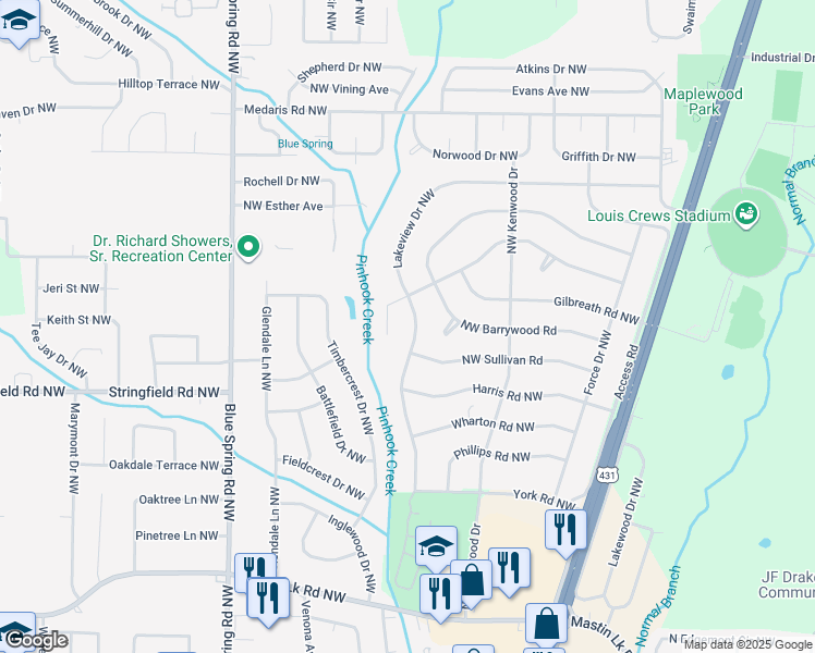 map of restaurants, bars, coffee shops, grocery stores, and more near 4107 Lakeview Drive Northwest in Huntsville