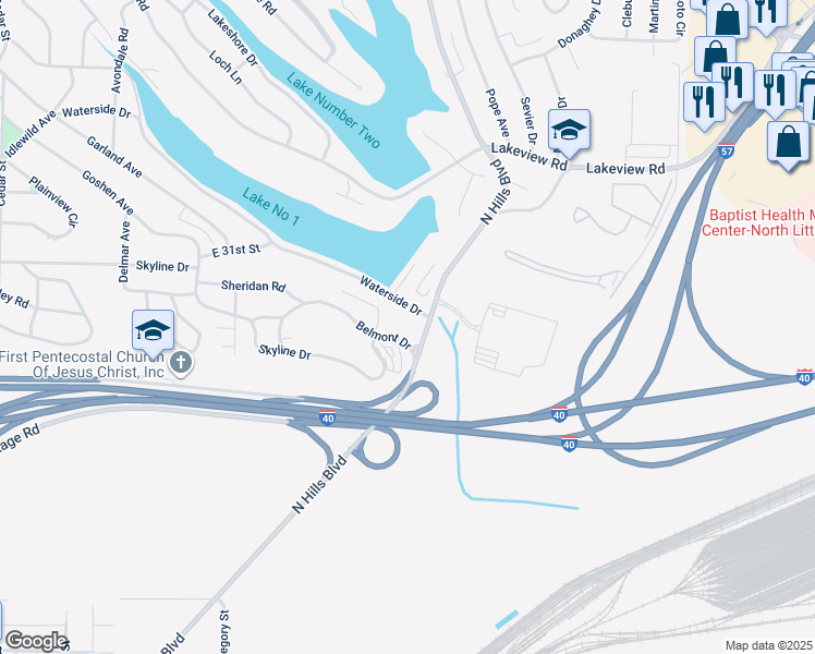 map of restaurants, bars, coffee shops, grocery stores, and more near 1701 Skyline Drive in North Little Rock