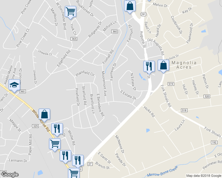 map of restaurants, bars, coffee shops, grocery stores, and more near 418 Fairmont Drive in Greenville