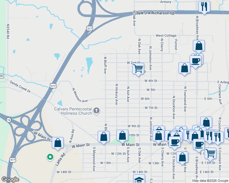 map of restaurants, bars, coffee shops, grocery stores, and more near 631 North Hickory Avenue in Ada