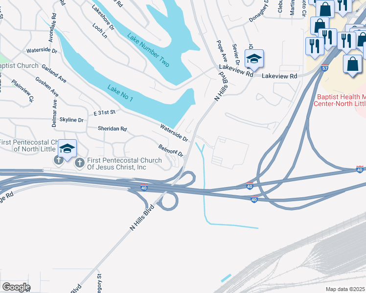 map of restaurants, bars, coffee shops, grocery stores, and more near 1701 Skyline Drive in North Little Rock