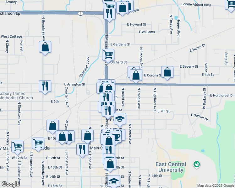 map of restaurants, bars, coffee shops, grocery stores, and more near 714 East 6th Street in Ada