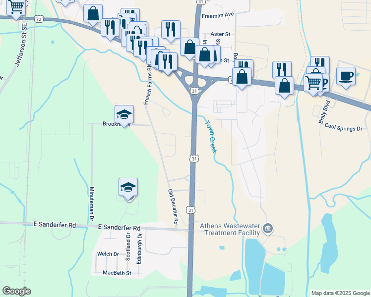 map of restaurants, bars, coffee shops, grocery stores, and more near 1112 U.S. 31 in Athens