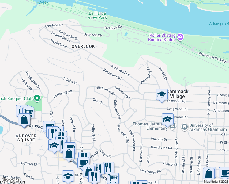 map of restaurants, bars, coffee shops, grocery stores, and more near 7020 Richwood Road in Little Rock