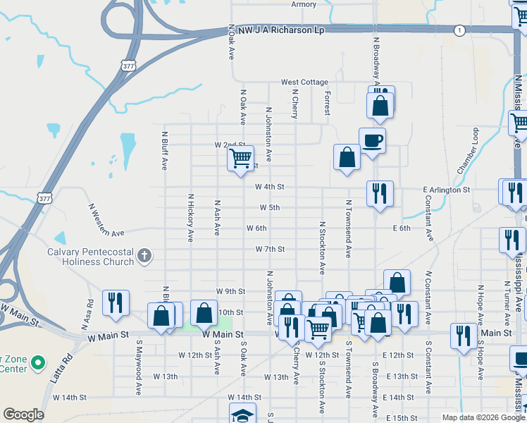 map of restaurants, bars, coffee shops, grocery stores, and more near 503 West 5th in Ada