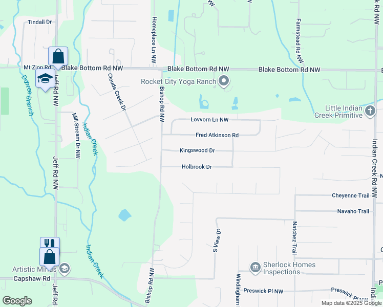 map of restaurants, bars, coffee shops, grocery stores, and more near 112 Kingswood Drive in Huntsville