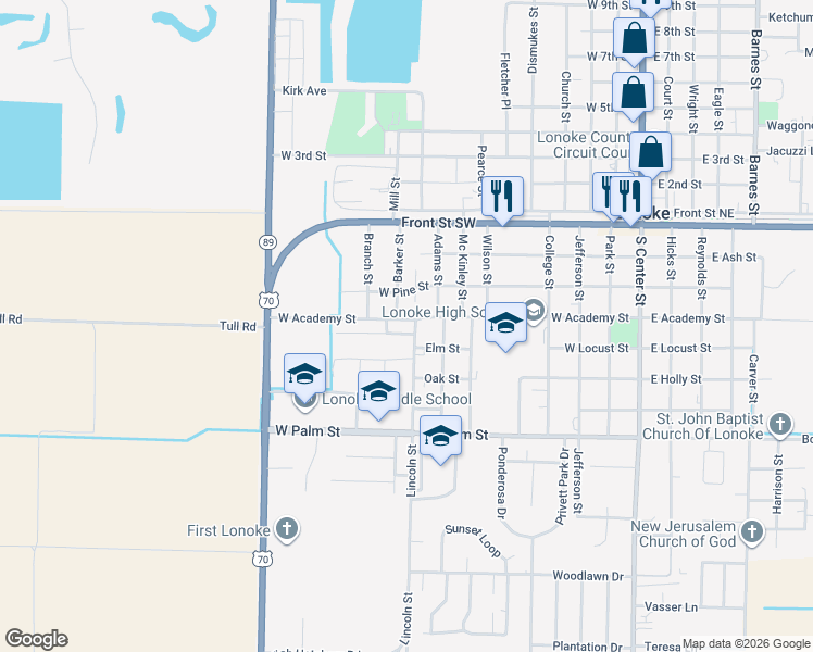 map of restaurants, bars, coffee shops, grocery stores, and more near 102 Lincoln Street in Lonoke