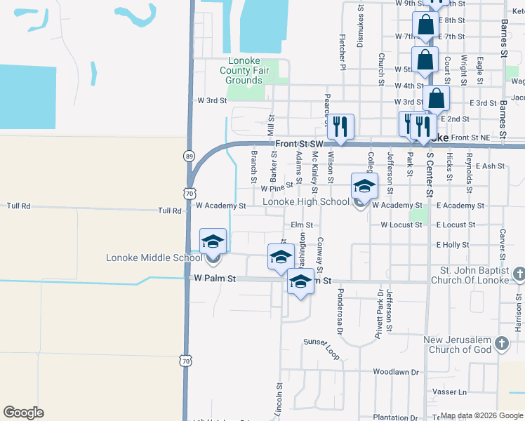 map of restaurants, bars, coffee shops, grocery stores, and more near 1019 West Academy Street in Lonoke