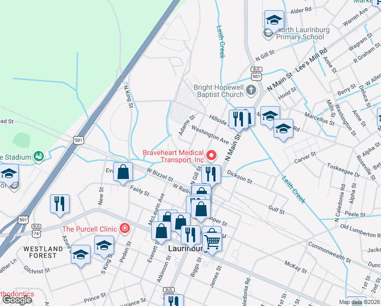 map of restaurants, bars, coffee shops, grocery stores, and more near 306 Perks Street in Laurinburg