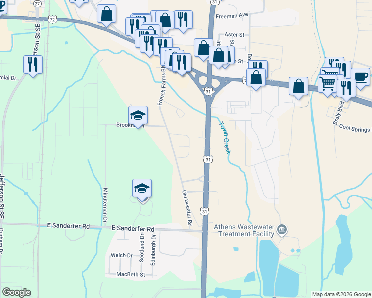 map of restaurants, bars, coffee shops, grocery stores, and more near 20603 Sabrina Lane in Athens