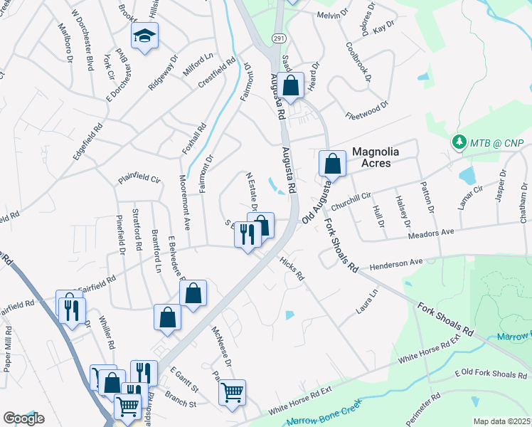 map of restaurants, bars, coffee shops, grocery stores, and more near 5300 Augusta Road in Greenville