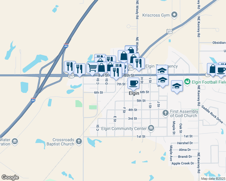 map of restaurants, bars, coffee shops, grocery stores, and more near 601 E Street in Elgin