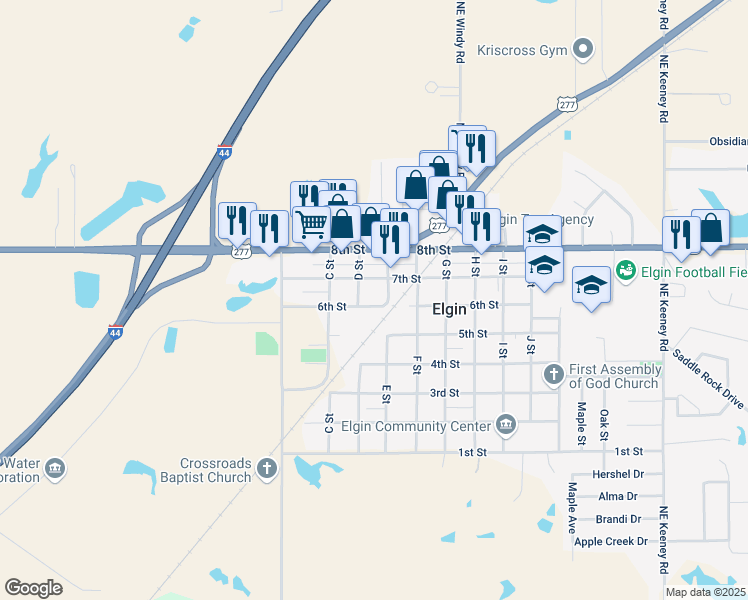 map of restaurants, bars, coffee shops, grocery stores, and more near 601 E Street in Elgin