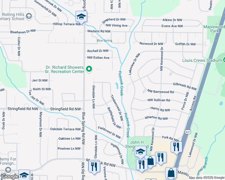 map of restaurants, bars, coffee shops, grocery stores, and more near 3908 Timbercrest Drive Northwest in Huntsville