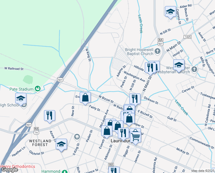 map of restaurants, bars, coffee shops, grocery stores, and more near 409 Cleveland Street in Laurinburg
