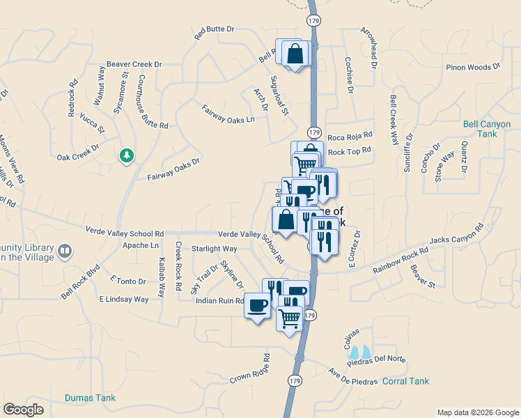 map of restaurants, bars, coffee shops, grocery stores, and more near 130 Castle Rock Road in Sedona