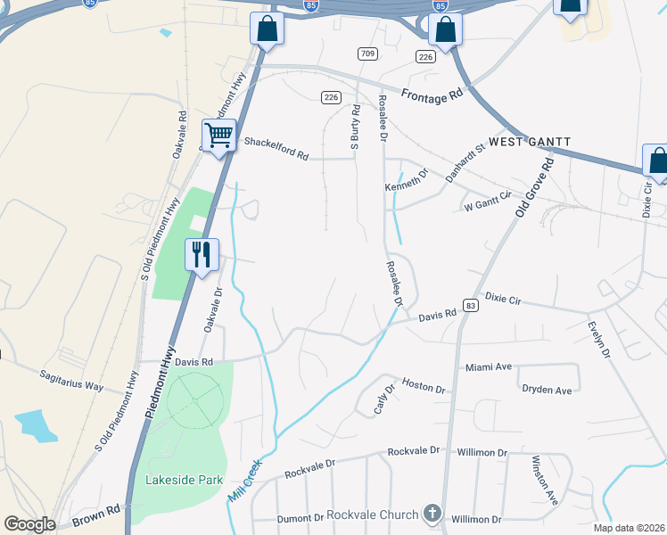 map of restaurants, bars, coffee shops, grocery stores, and more near 121 McCullough Road in Piedmont
