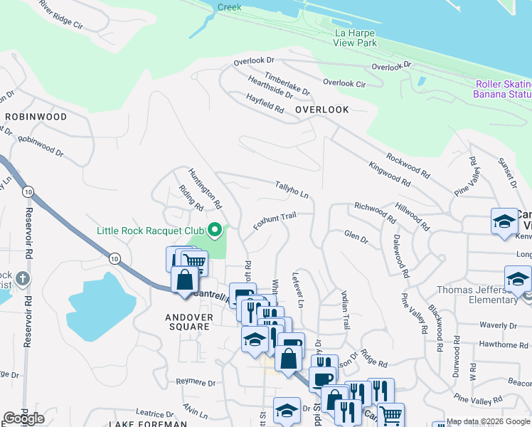 map of restaurants, bars, coffee shops, grocery stores, and more near 16 Foxhunt Trail in Little Rock