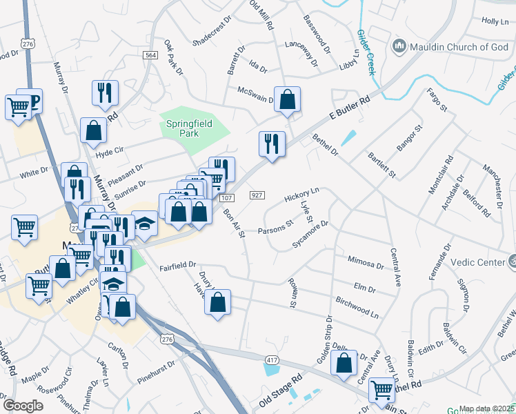 map of restaurants, bars, coffee shops, grocery stores, and more near 107 Hickory Lane in Mauldin