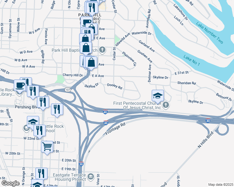 map of restaurants, bars, coffee shops, grocery stores, and more near 415 Skyline Drive in North Little Rock
