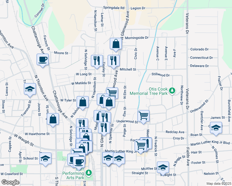map of restaurants, bars, coffee shops, grocery stores, and more near 612 North Glenwood Avenue in Dalton