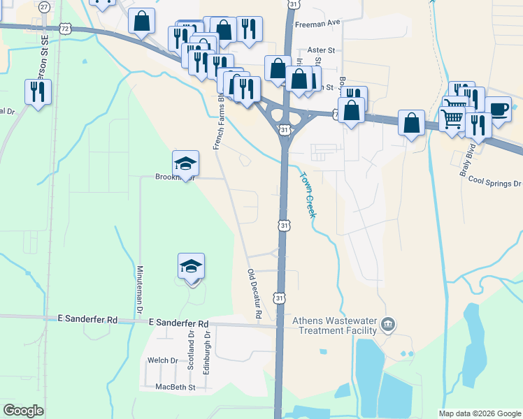 map of restaurants, bars, coffee shops, grocery stores, and more near 1112 U.S. 31 in Athens