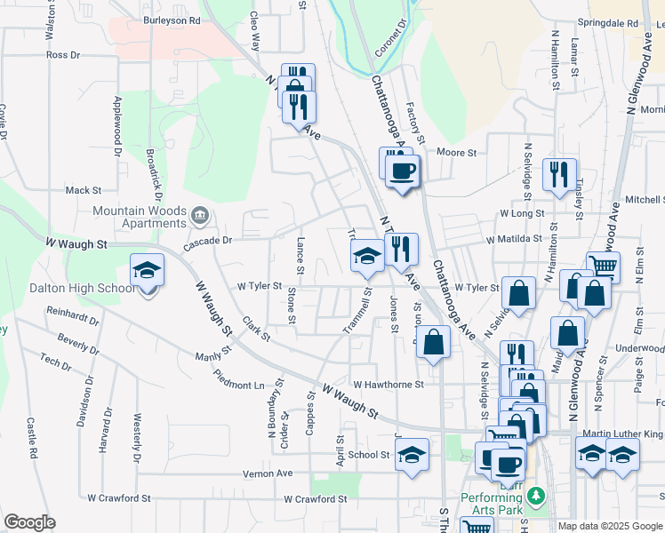 map of restaurants, bars, coffee shops, grocery stores, and more near 635 Richardson Street in Dalton