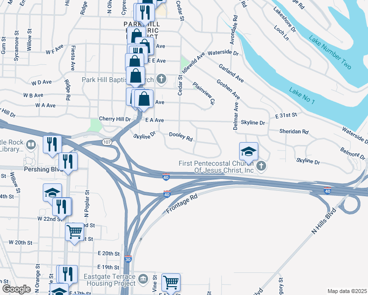 map of restaurants, bars, coffee shops, grocery stores, and more near 415 Skyline Drive in North Little Rock