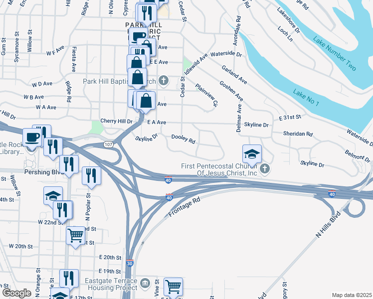 map of restaurants, bars, coffee shops, grocery stores, and more near 425 Skyline Drive in North Little Rock