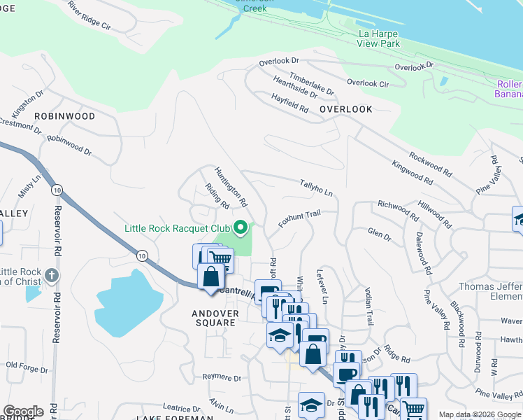 map of restaurants, bars, coffee shops, grocery stores, and more near 3107 Foxcroft Road in Little Rock