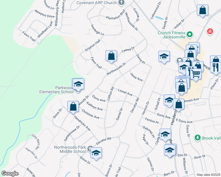 map of restaurants, bars, coffee shops, grocery stores, and more near 1303 Clifton Road in Jacksonville