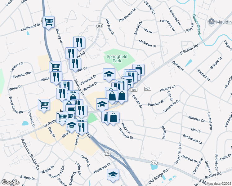 map of restaurants, bars, coffee shops, grocery stores, and more near 122 Mauldin Circle in Mauldin