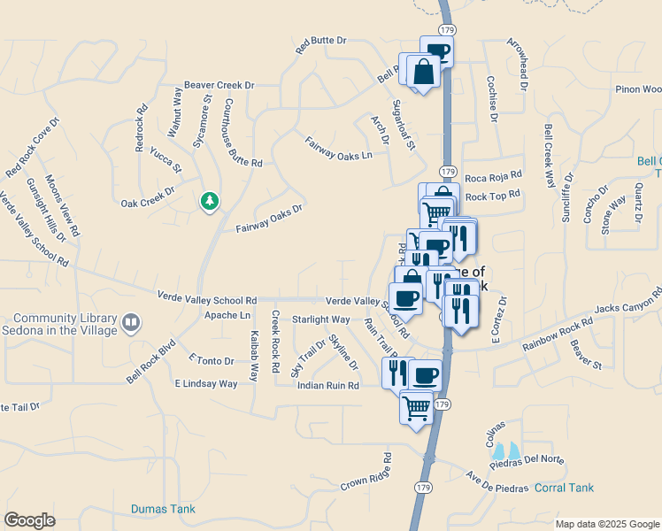 map of restaurants, bars, coffee shops, grocery stores, and more near 60 Vultee Road in Sedona