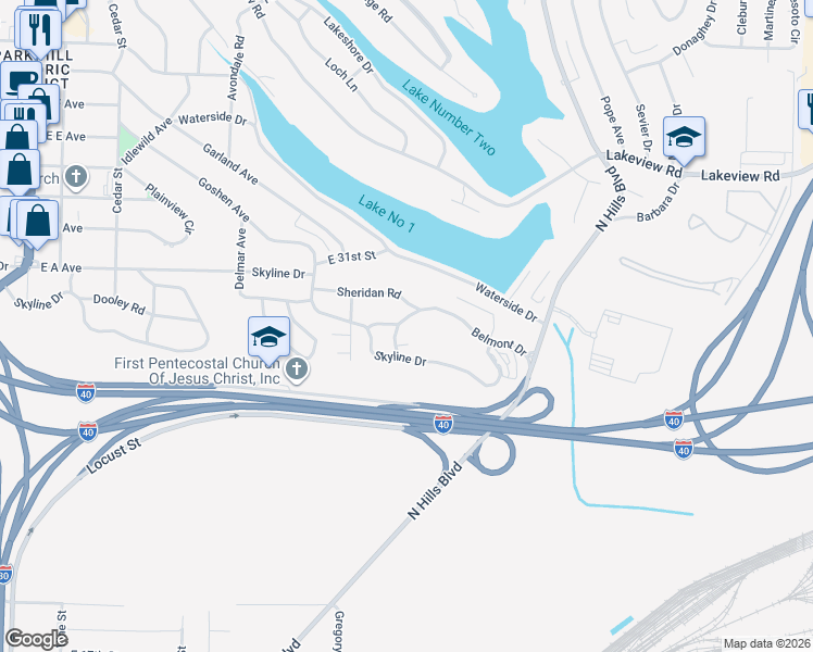 map of restaurants, bars, coffee shops, grocery stores, and more near 110 Belmont Drive in North Little Rock