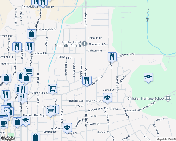 map of restaurants, bars, coffee shops, grocery stores, and more near 610 Northview Drive in Dalton