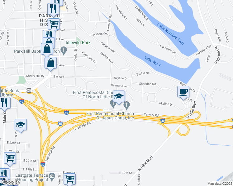 map of restaurants, bars, coffee shops, grocery stores, and more near 1310 Starfield Road in North Little Rock