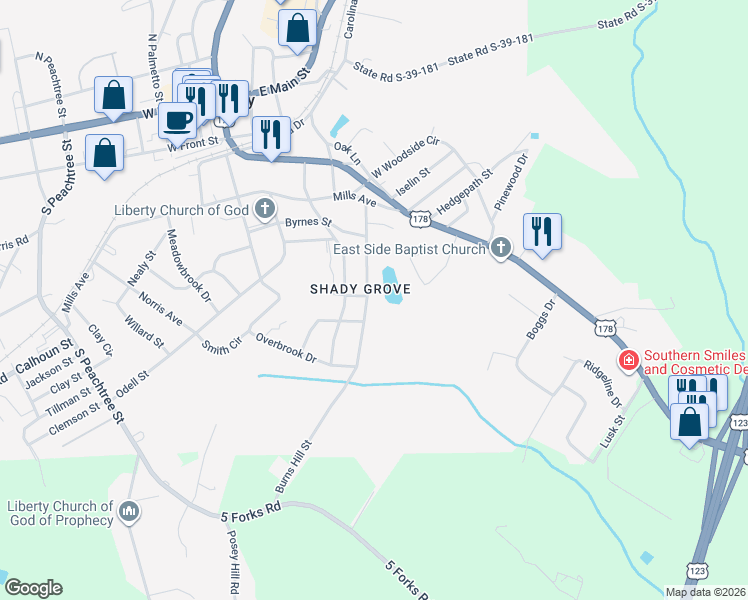 map of restaurants, bars, coffee shops, grocery stores, and more near 215 East Beattie Street in Liberty