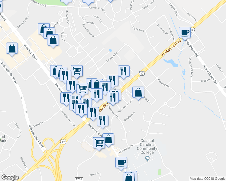 map of restaurants, bars, coffee shops, grocery stores, and more near 2121 North Marine Boulevard in Jacksonville