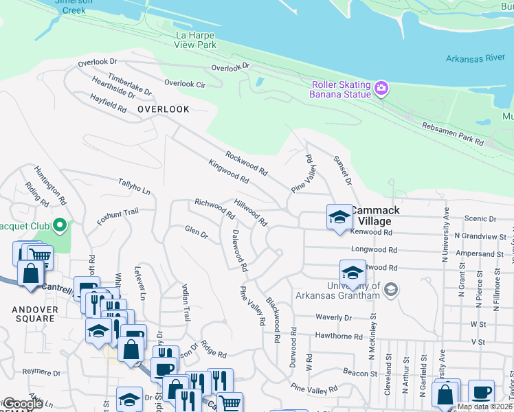 map of restaurants, bars, coffee shops, grocery stores, and more near 6925 Skywood Road in Little Rock